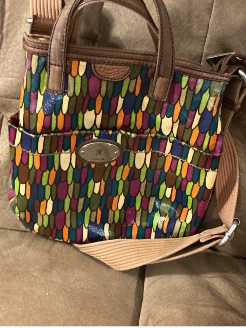 Fossil Multicolor Patterned Shoulder Bag with Tan Leather Trim